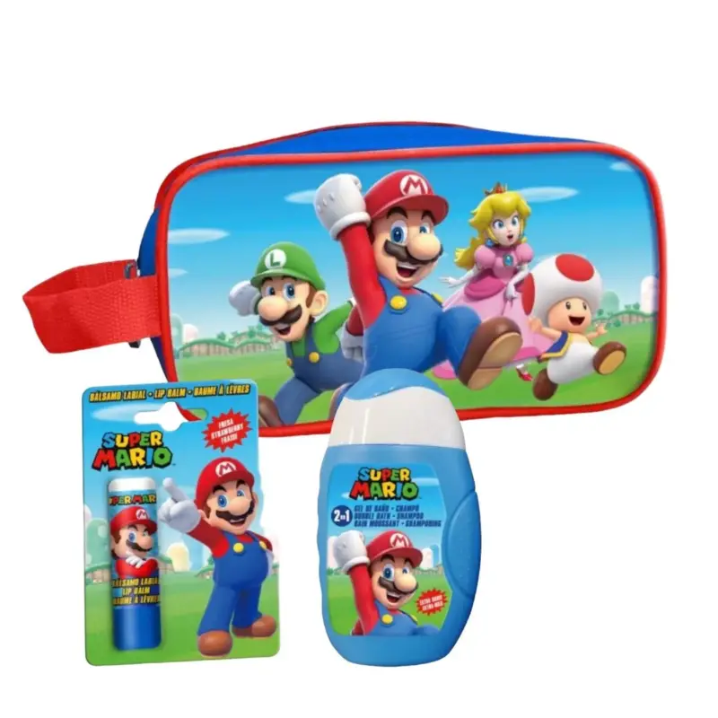 Set produse ingrijire copii, gel de dus si sampon, balsam de buze si borseta depozitare Super Mario 1809, 110 ml Reducere specială